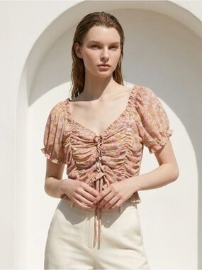 Floral Ruched Tie-Front Peasant Top - Pink